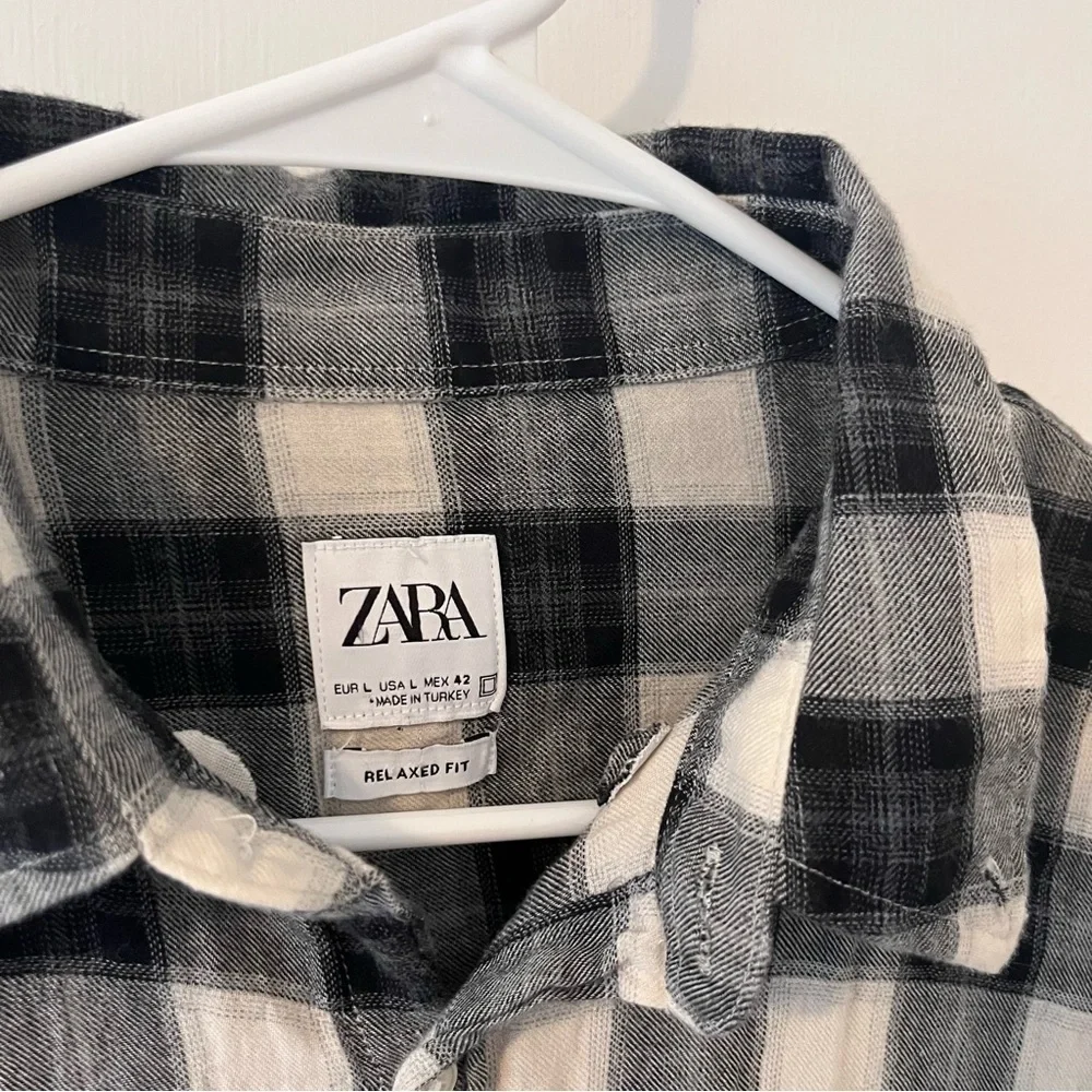 Zara Men’s Plaid Long Sleeve Shirt Relaxed Fit Black White Large